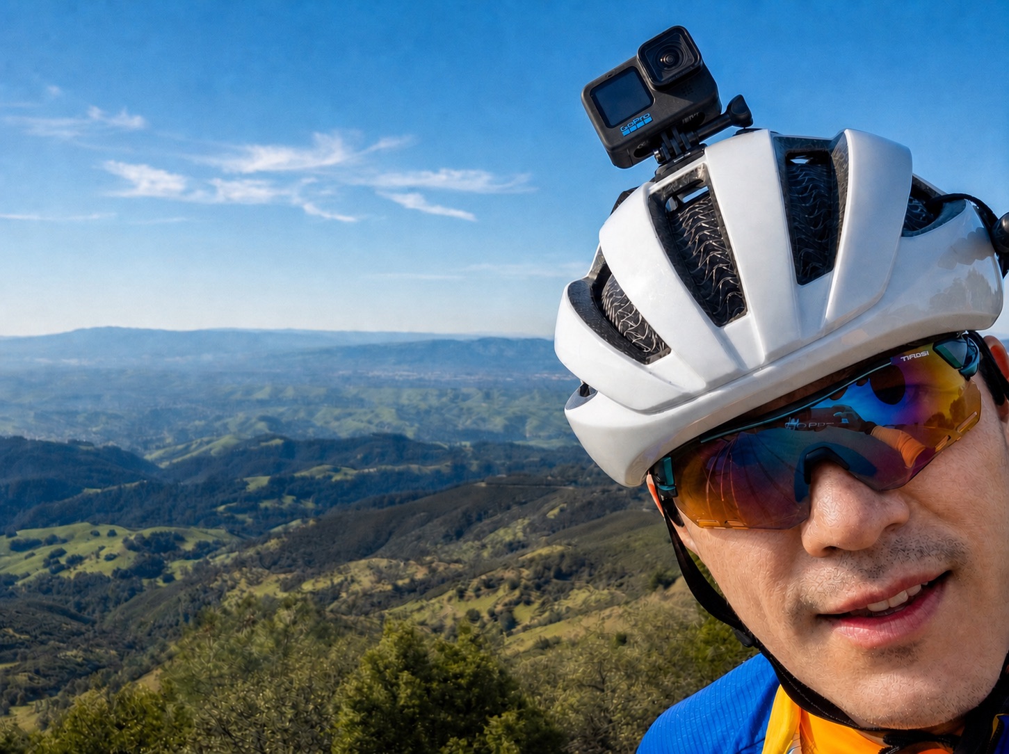 Timur Bazhirov cycling above the landscape at Mount Diablo